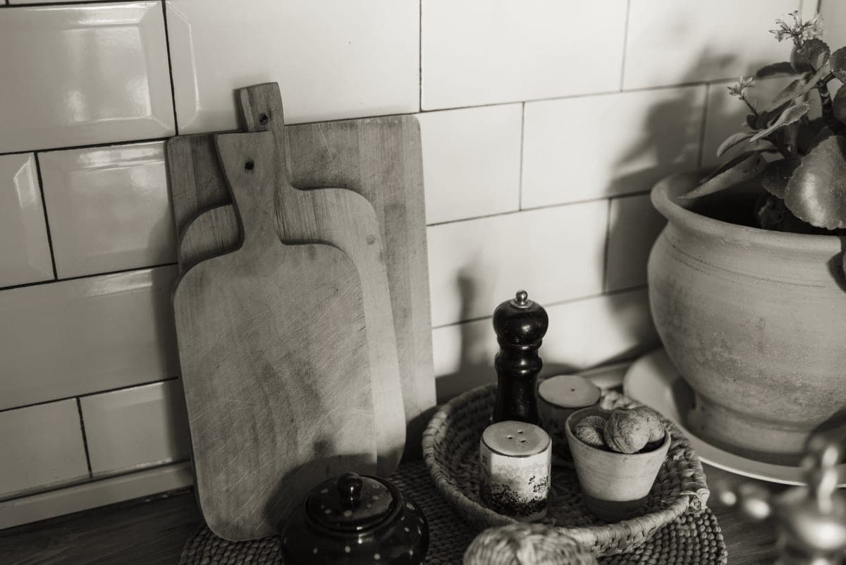 Wooden chopping boards resting in a kitchen